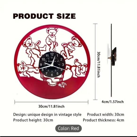 NEW RED Grateful Dead Dancing Bears Vinyl Record Album Carved Clock Jerry Garcia - Picture 3 of 9